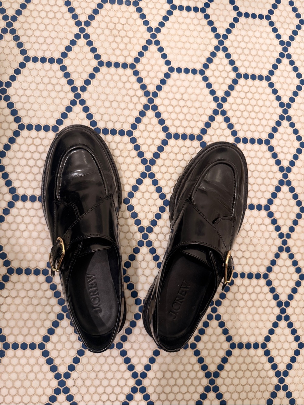 J. Crew Black Leather Loafers with Gold Buckle